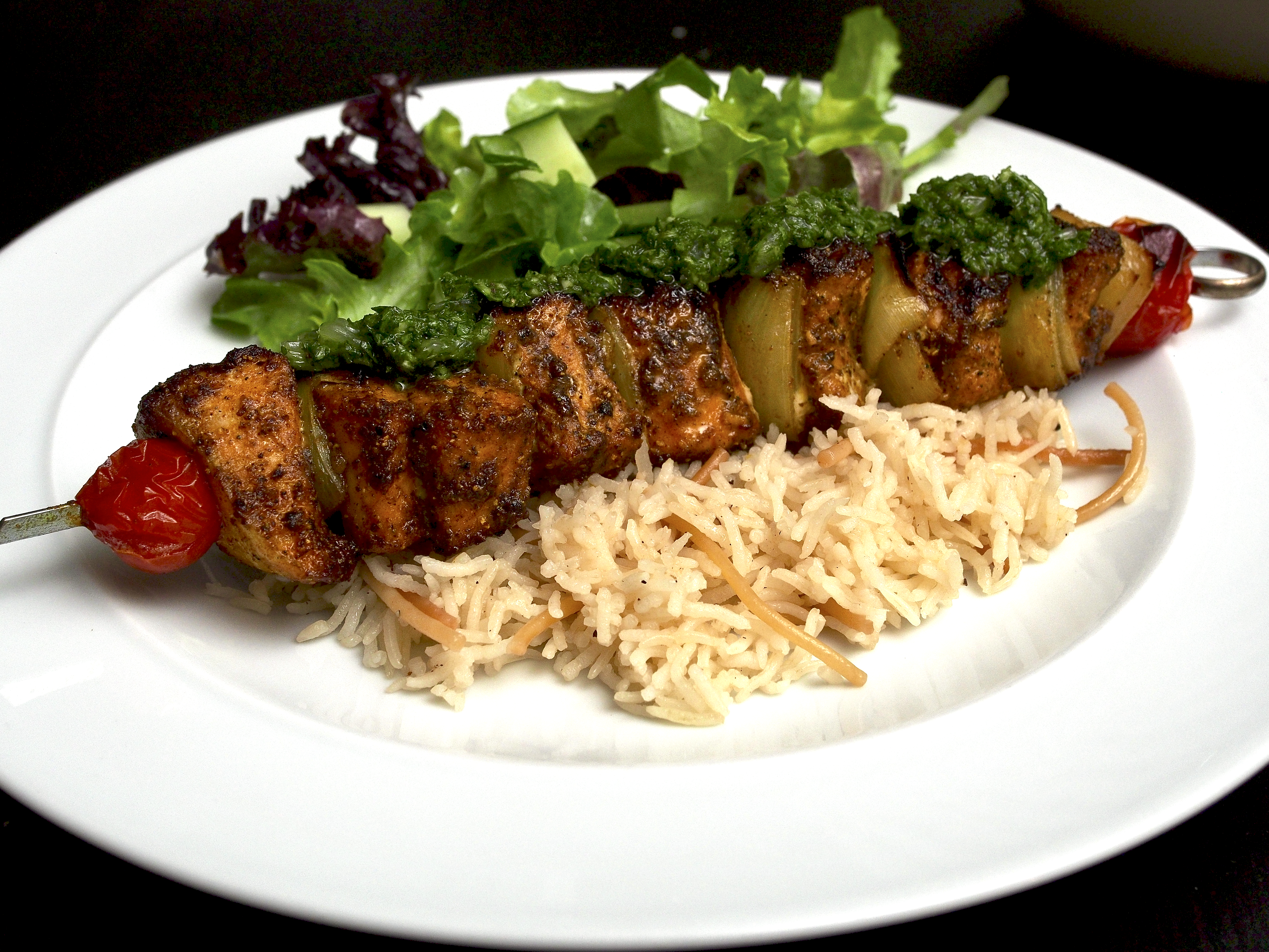 Spiced Salmon Skewers with Parsley Oil